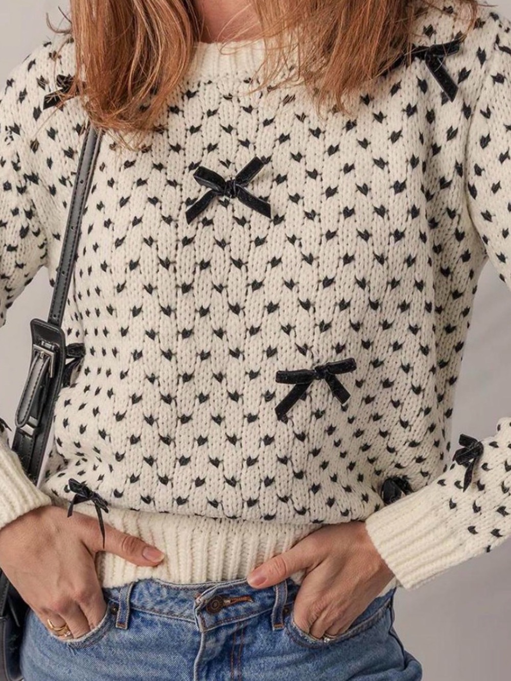 Women’s Cream Dot Print Knit Sweater Black Bow Accents